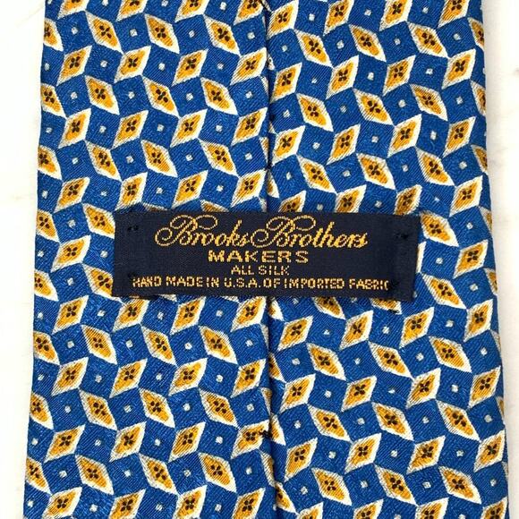 BROOKS BROTHERS MAKERS Silk Neck Tie 54" x 4" Gold White Diamond on Blue USA NWT - Picture 5 of 6